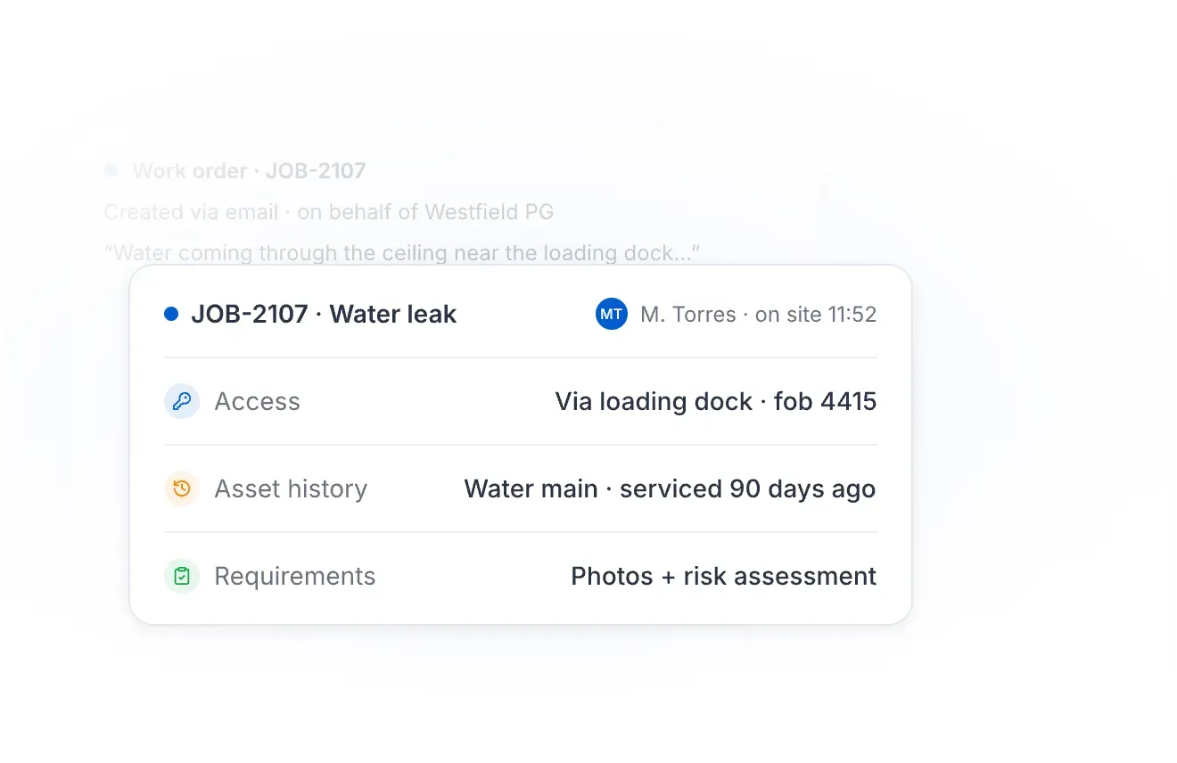 WorkBuddy job brief showing access notes, asset history and service requirements for a water leak job.