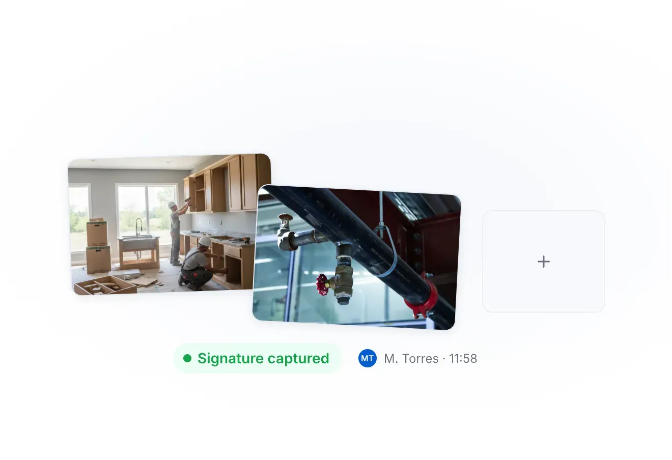 WorkBuddy field evidence showing maintenance photos, a captured signature and technician timestamp.