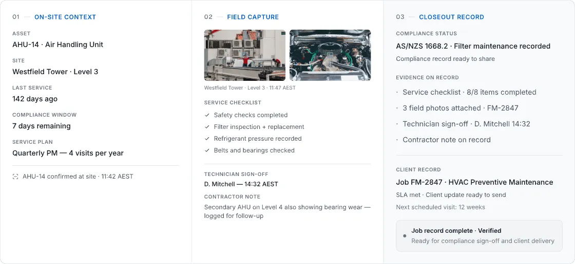 WorkBuddy facilities maintenance evidence trail showing site and asset context, field capture, compliance status, evidence on record, and a complete job closeout record.