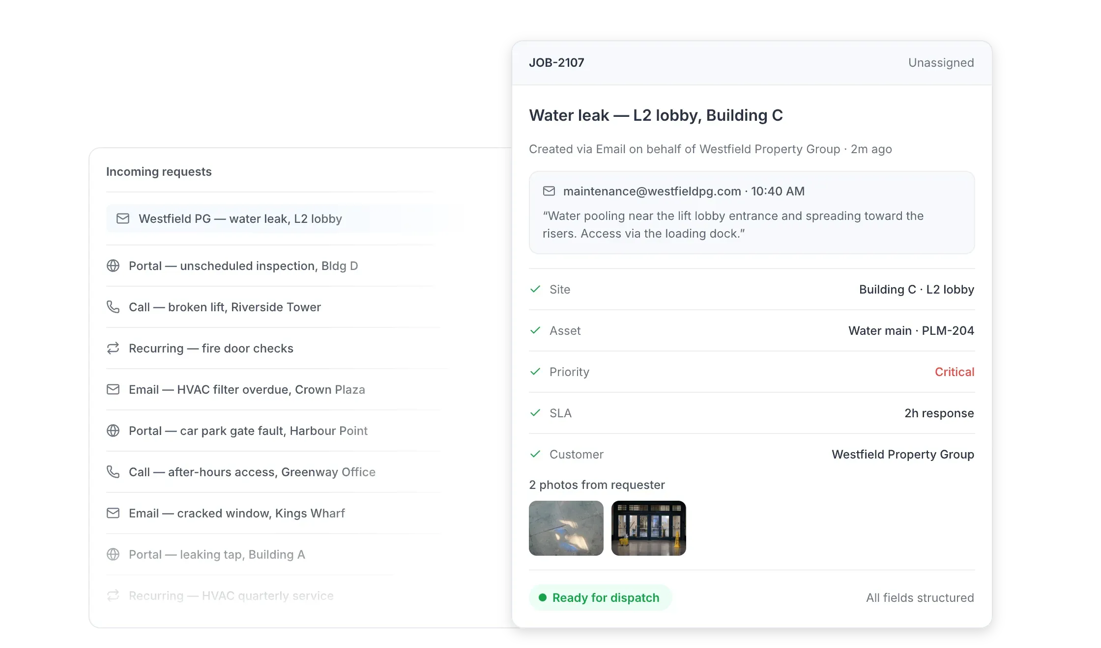WorkBuddy requests inbox and work order showing a maintenance request being converted into structured work with site, asset, priority, SLA, access, and trade details.