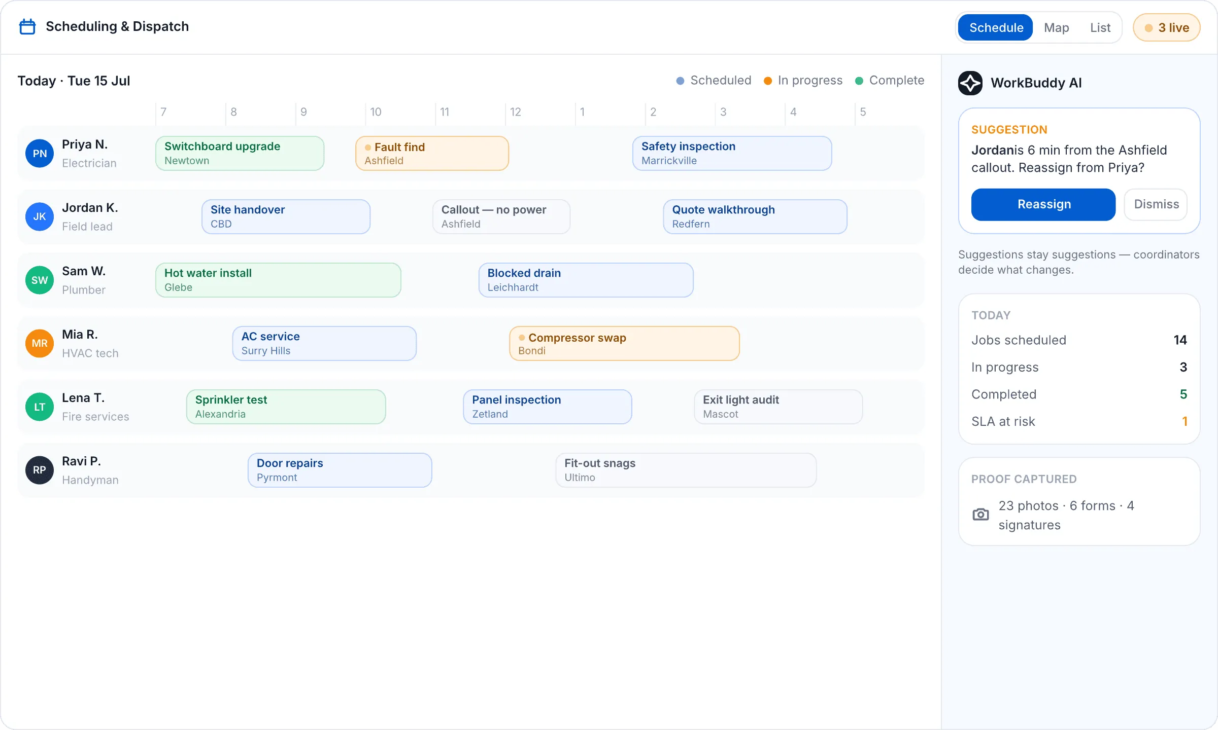 WorkBuddy scheduling and dispatch board with jobs, crews, and an AI reassignment suggestion.