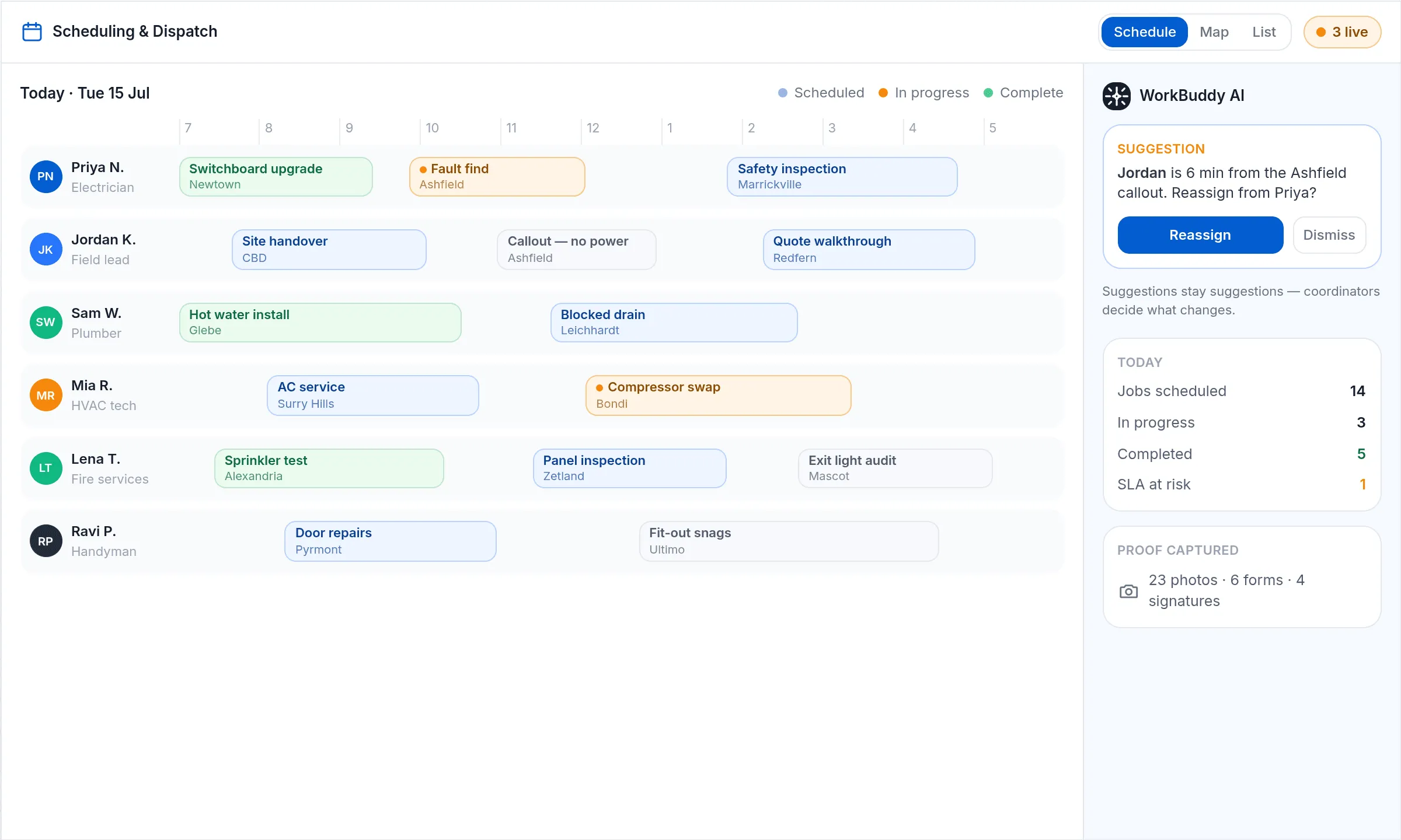WorkBuddy scheduling and dispatch board with jobs, crews, and an AI reassignment suggestion.